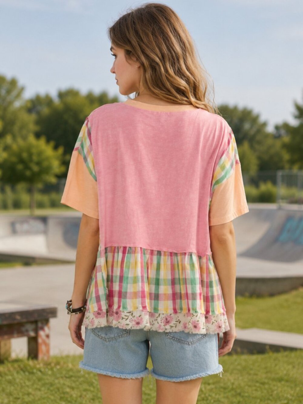 Sage + Fig Boho Baggy Upcycle T Shirt Style Ruffle Hem Slouchy Feminine Top - Picture 3 of 10